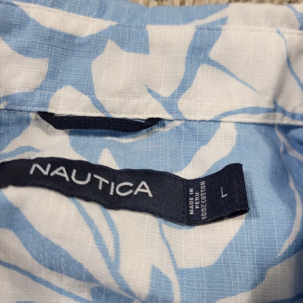 Nautica Shirt Mens Large Blue Floral All Over Print Button Up Beach Cotton - Picture 2 of 7